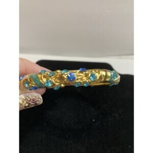 Aqua Blue Flower Rhinestone And Enamel Bangle Hinged Cuff Bracelet Gold Tone